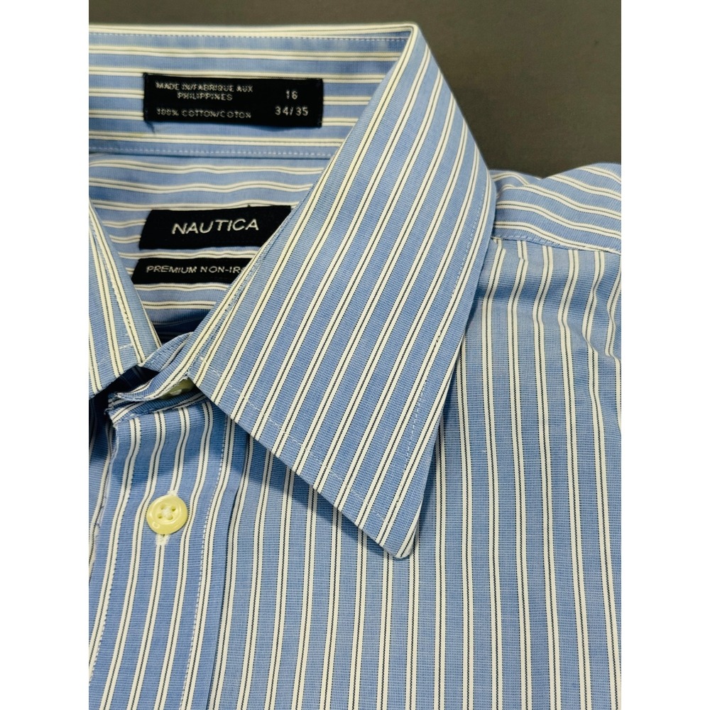 Nautica Premium Non Iron Striped Dress Shirt Men Size 16 34 35 Blue White French - Picture 2 of 16